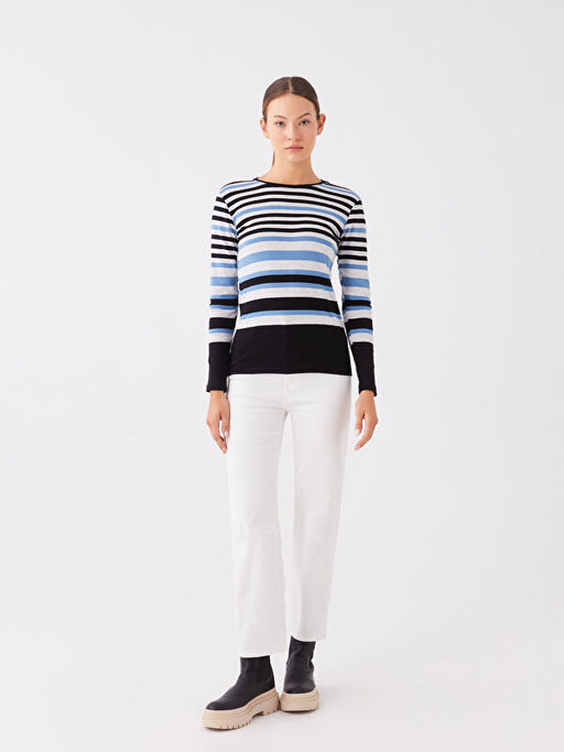 Bisiklet Yaka ?izgili Uzun Kollu Kad?n Ti??rt