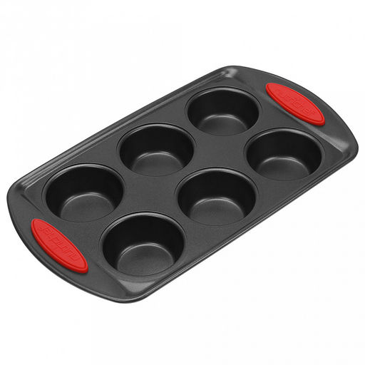 Форма для выпечки с антипригарным покрытием 32,3х18,8см "Дебют", h3,6см, для 6 булочек, с силиконовыми накладками, цвет - графит (Китай)