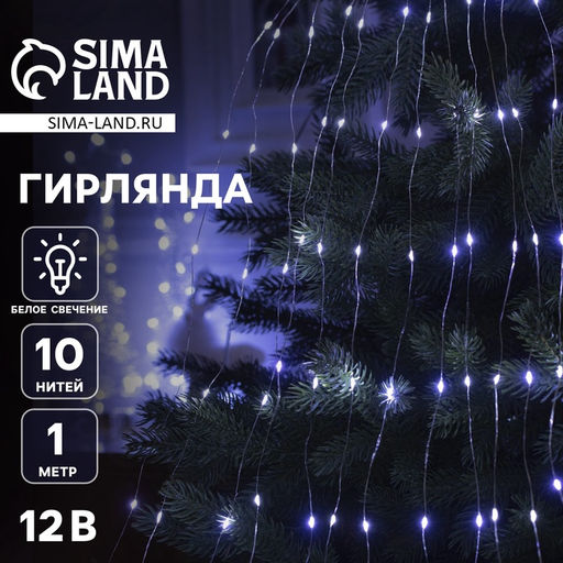 Гирлянда Конский хвост 10 нитей по 1 м, IP20, серебристая нить, 100 LED, свечение белое, 12 В