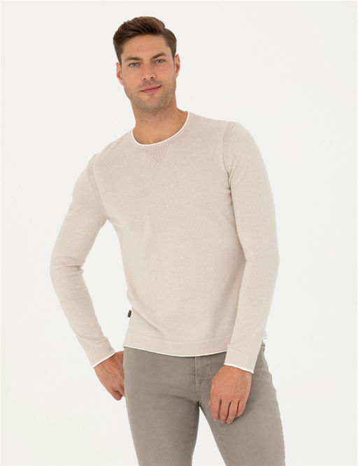 Bej Slim Fit Bisiklet Yaka Triko Kazak