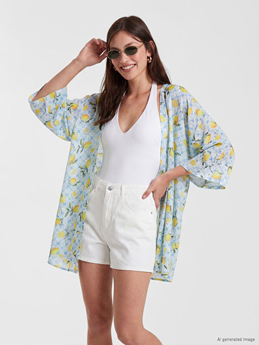 ?al Yaka Limon Desenli Kad?n Kimono