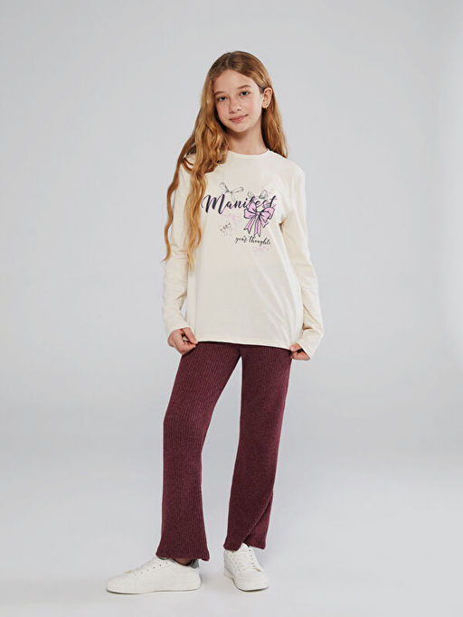 Bisiklet Yaka Uzun Kollu Bask?l? K?z ?ocuk Ti??rt