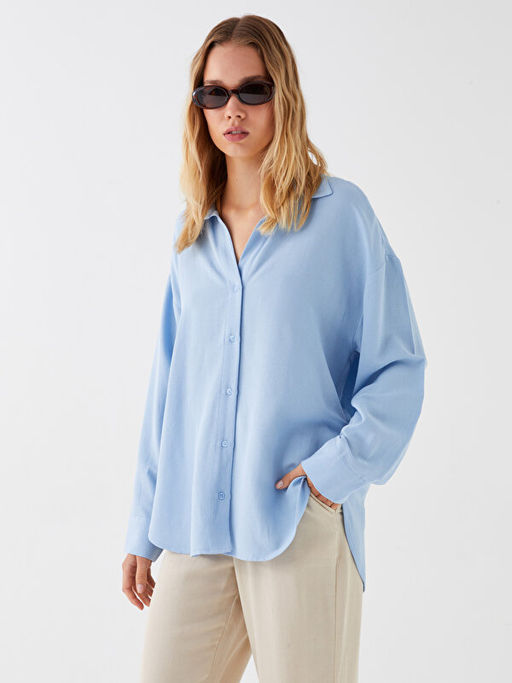 D?z Uzun Kollu Oversize Keten Kar???ml? Kad?n G?mlek