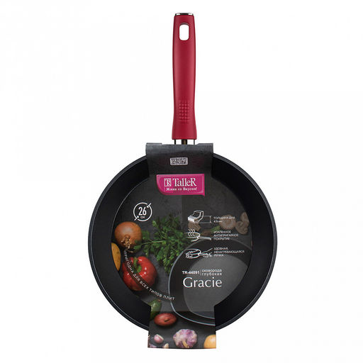 Сковорода с антипригарным покрытием д26см Грейси, h7,5см, s2,8мм, дно д16,8см, s4,9мм, глубокая, кованный алюминий, бакелитовая ручка c покрытием soft touch, TalleR (Китай) Подходит для всех видов плит, включая индукционную. - Домашняя мода фото 8