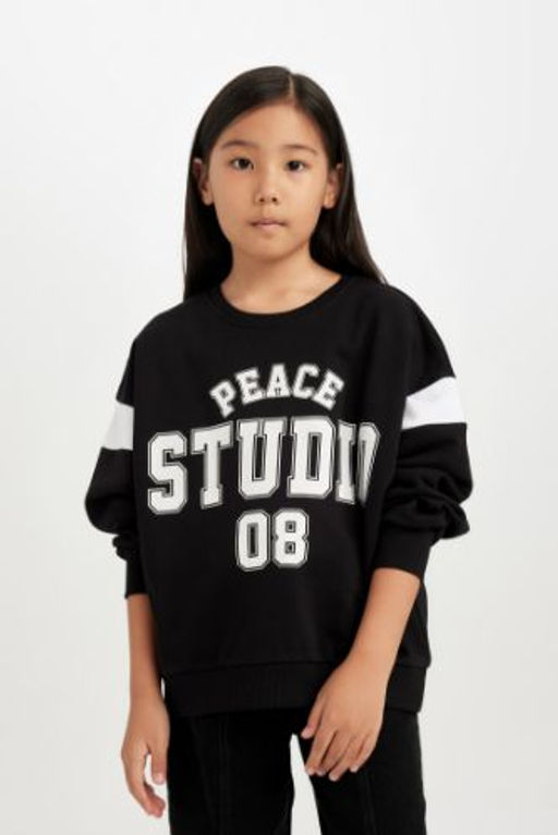 K?z Cocuk Siyah Relax Fit Bisiklet Yaka Bask?l? Sweatshirt