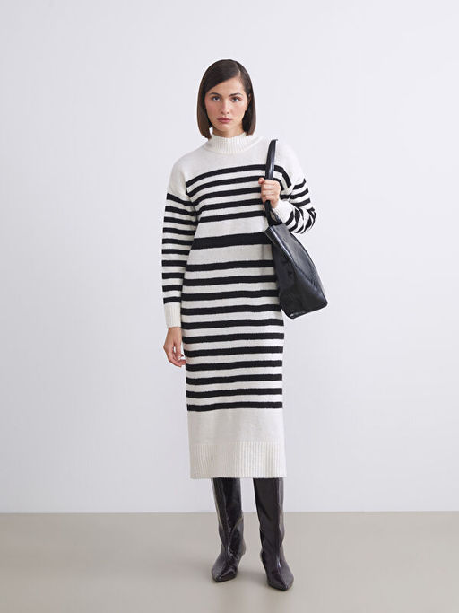 Yar?m Bal?k?? Yaka ?izgili Triko Elbise