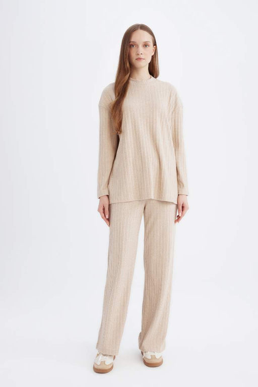 Мягкая меховая туника в рубчик с круглым вырезом и разрезом на бретельках с длинными рукавами Relax Fit - Defacto фото 2