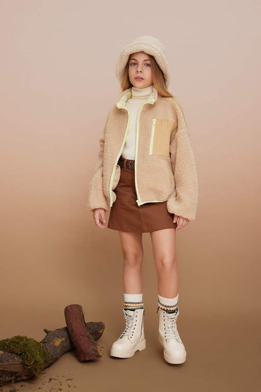 Плюшевый кардиган-бомбер с воротником-студентом для девочек - Defacto фото 2