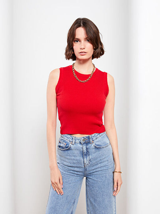 Kad?n Bisiklet Yaka D?z Triko Crop