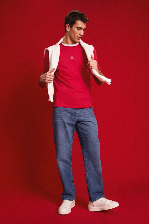 Bisiklet Yaka Kalp Bask?l? K?sa Kollu K?rm?z? Tisort - Defacto фото 3