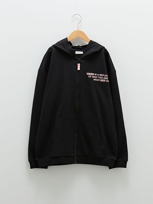 Kap??onlu Bask?l? Uzun Kollu K?z ?ocuk Fermuarl? Sweatshirt