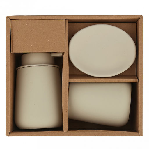 Набор для ванной "Эстетик" 3 предмета: дозатор для мыла 410мл; мыльница 11х8,6х2,2см; стакан для зубных щеток 410мл; фурнитура пластик, керамика, матовая глазурь, кремовый, в коробке (Китай)