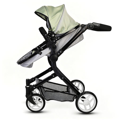 Коляская кукольная металлическая, прогулочная, с корзиной, серо-зеленая