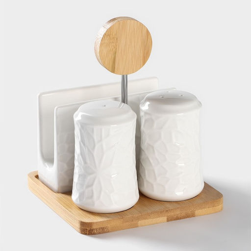 Набор фарфоровый для специй BellaTenero, 4 предмета: солонка, перечница, салфетница, подставка-держатель, белый  фото 4