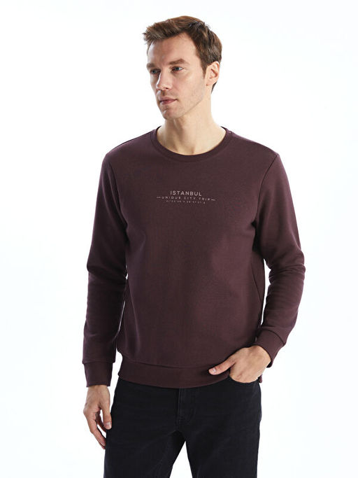 Bisiklet Yaka Bask?l? Erkek Kal?n Sweatshirt