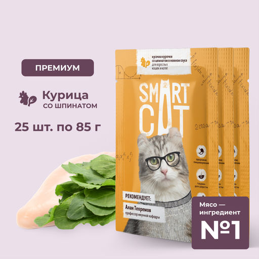 "Упаковка 25 шт" Паучи для взрослых кошек и котят кусочки курочки со шпинатом в нежном соусе