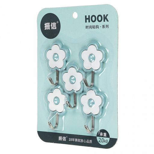 Крючок на липучке Ромашка металлический с пластмассовым основанием, 5 штук 4х5,6х2см, в блистере, цвета в ассортименте: желтый, сиреневый, мятный (Китай)