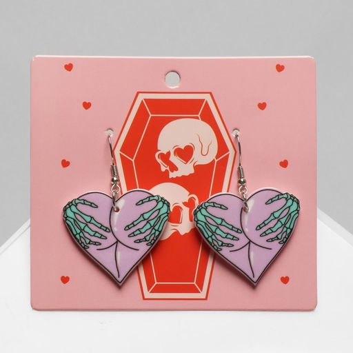 Цена за 5 шт. Серьги акриловые «Сердце» руки скелета, цвет зелёно-сиреневый