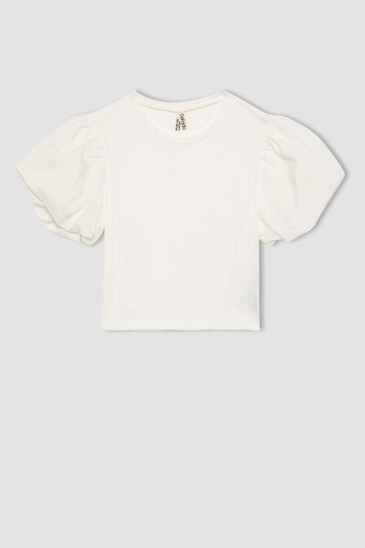 Белая футболка облегающего кроя с круглым вырезом в рубчик и короткими рукавами для девочек - Defacto фото 9