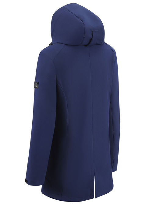 Парка женская софтшелл виндстоппер удлинённая с капюшоном темно-синего цвета 9618_1TS