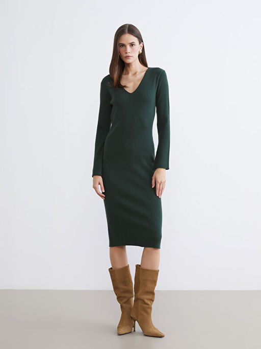 V Yaka Fitilli Triko Elbise