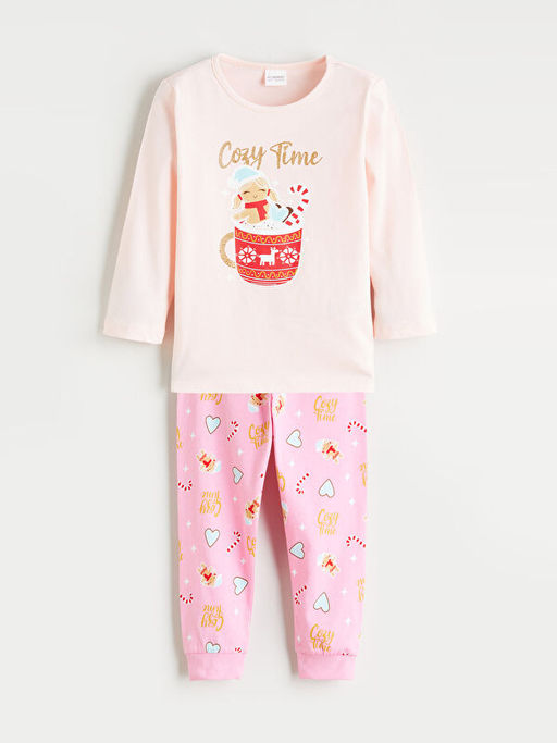 Bisiklet Yaka Bask?l? Uzun Kollu K?z ?ocuk Pijama Tak?m?