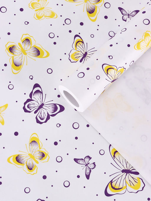 Бумага упаковочная крафт белый Бабочки, фиолетовый/желтый, 0.72?105% м, 60 г