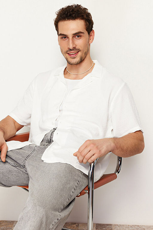 Beyaz Oversize Fit Yazl_k K_sa Kollu Keten G_r_n_ml_ G_mlek TMNSS24GO00019 - Trendyolmilla фото 2