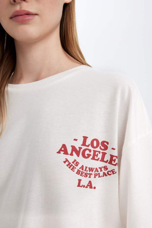 Футболка оверсайз с круглым вырезом и короткими рукавами с принтом Снова в школу - Defacto фото 6