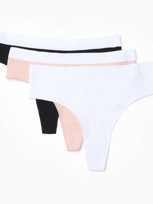 Трусы женские бразильяно MINAKU рубчик, набор 3 шт., размер 48-50, белые, бежевые, чёрные