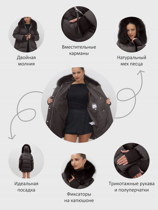 Куртка зимняя женская с мехом и капюшоном тренд темно-коричневого цвета 7737TK Бренд: Visdeer  фото 3