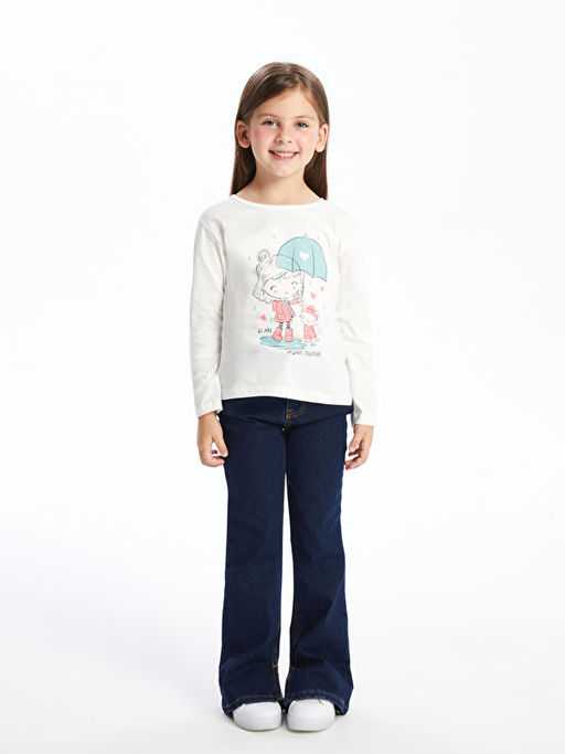 Bisiklet Yaka Uzun Kollu Bask?l? K?z ?ocuk Ti??rt