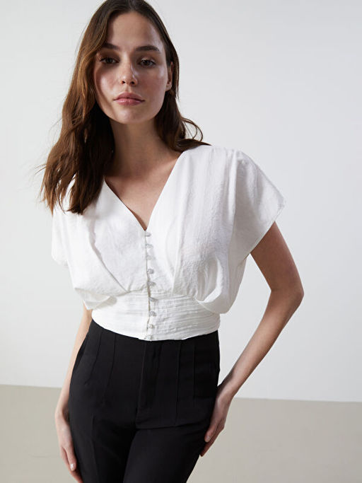 V Yaka Crop Kad?n Bluz