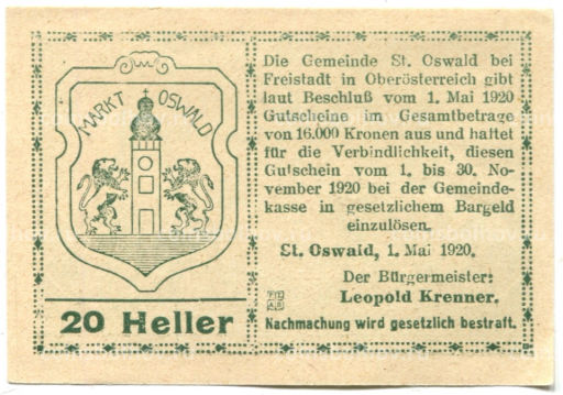 Банкнота 20 геллеров 1920 года Австрия Санкт-Освальд (нотгельд)