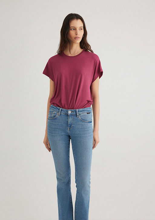 Dusuk Omuz Pembe Basic Tisort - Mavi фото 2