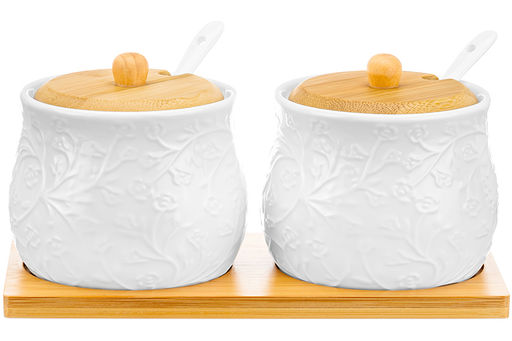 Набор 2 банок д/хранения 320 мл 19,5*10*9,5 см Веточки-цветочки + 2 ложки + дер.крышк.на дер.подст - Elan gallery фото 8