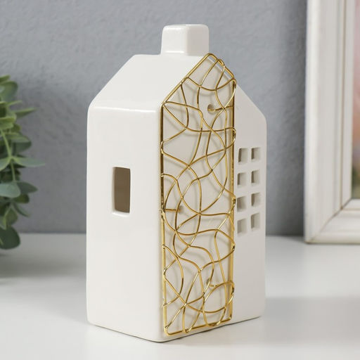 Подсвечник на 1 свечу «Дом», керамика, металл, белый с золотом, 9×6.3×16.7 см