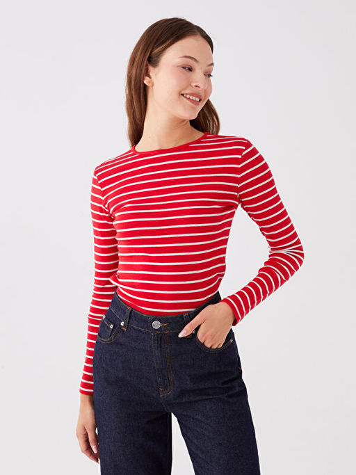 Bisiklet Yaka ?izgili Uzun Kollu Kad?n Body