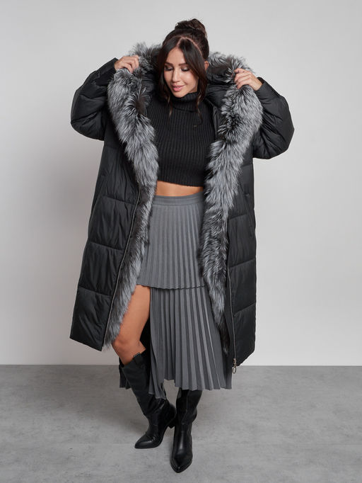 Пальто утепленное с чернобуркой зимнее женское черного цвета 133156Ch - Visdeer фото 3