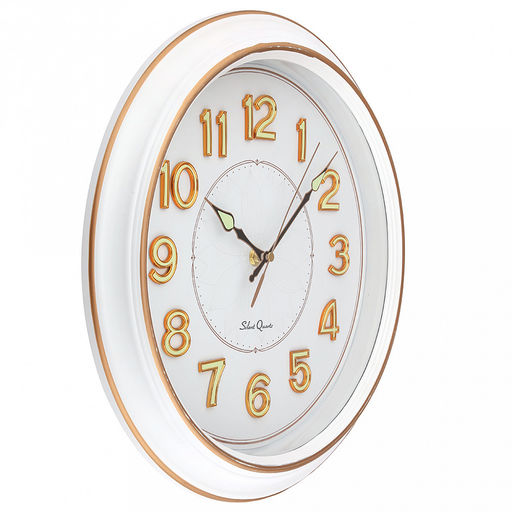 Часы настенные "Ноктюрн" д30-35см, h5см, мягкий ход, циферблат "Лилия" белый; цифры арабские, люминисцентные с золотой обводкой; корпус пластик, белый, полоски медного цвета; в коробке (Китай)
