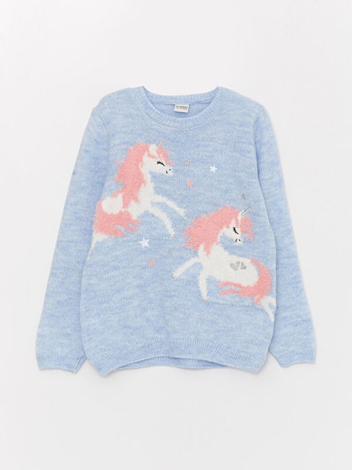 Bisiklet Yaka Desenli Uzun Kollu K?z ?ocuk Triko Kazak