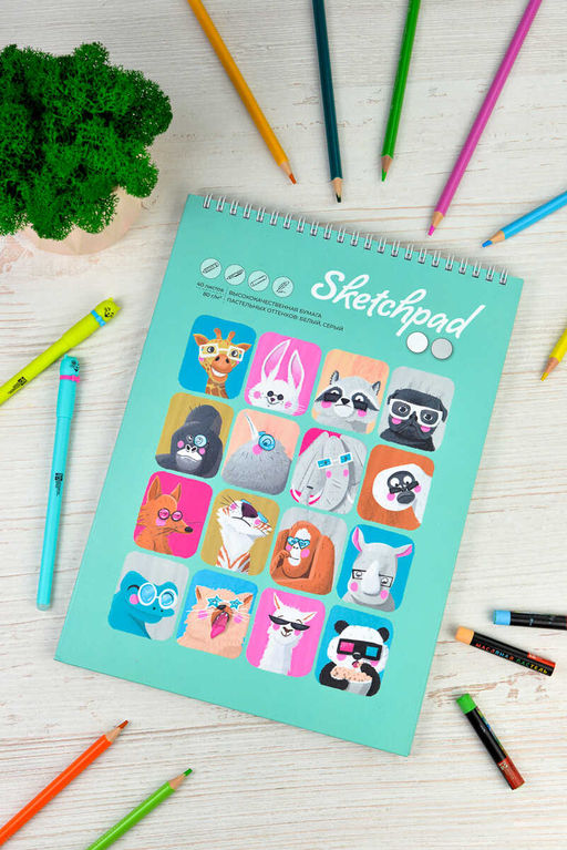 Скетчпад А4 210х290 мм, 40 л, блок - белый офсет, серый офсет 80 г/м?, арт. 61565 МОРДАШКИ