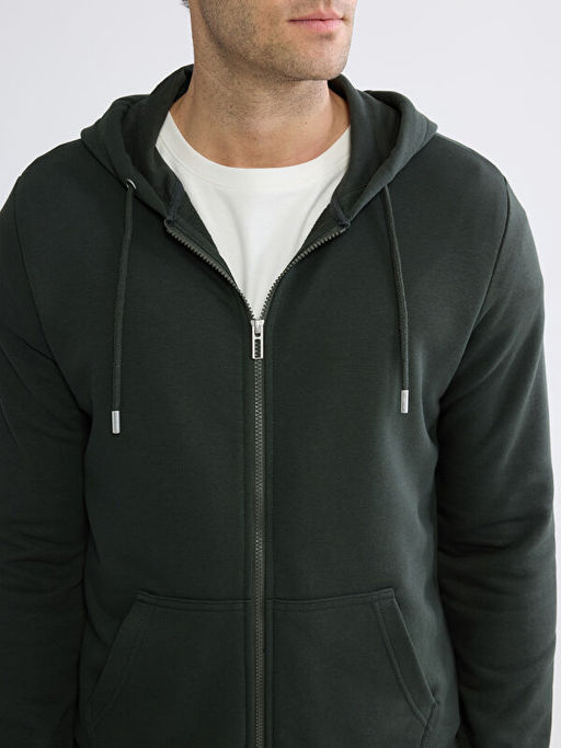 Standart Kal?p Kap??onlu Erkek Fermuarl? Sweatshirt