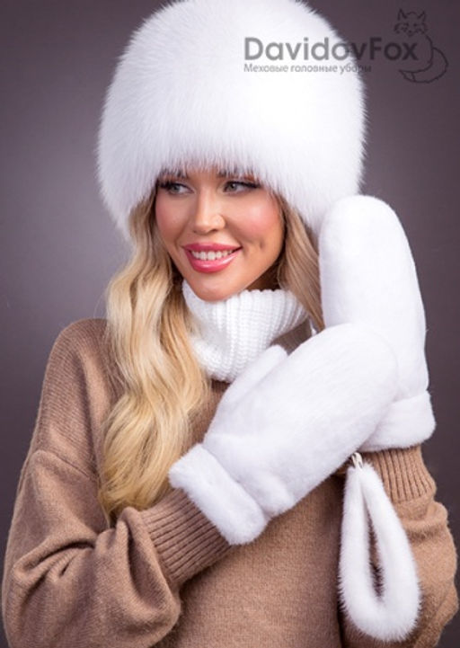 Комплект Сноп белый песец, манишка, варежки норка