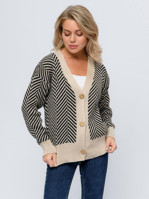 Кардиган бежевого цвета с геометрическим принтом на пуговицах - 1001dress фото 3