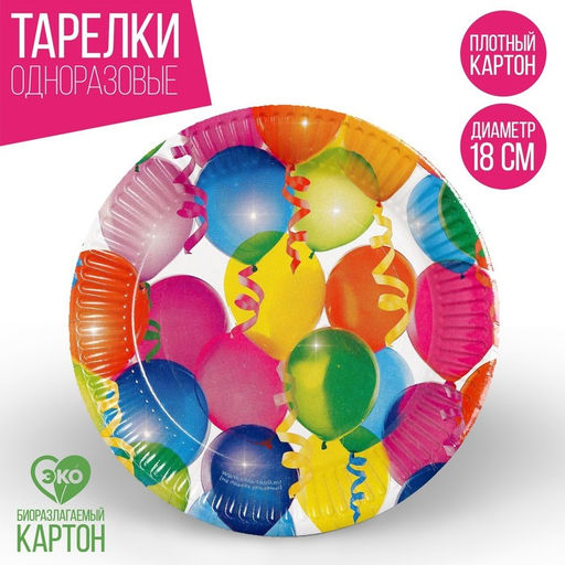 Тарелка бумажная Воздушные шарики, 18 см, набор 6 шт.