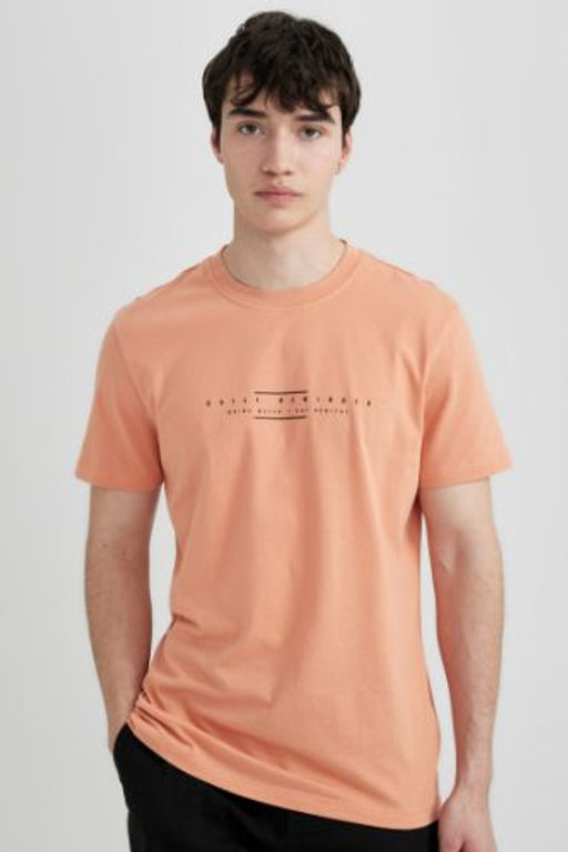 Slim Fit Dar Kesim Bisiklet Yaka Bask?l? K?sa Kollu Tisort