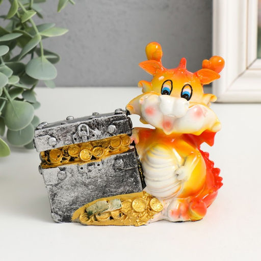 Копилка для денег «Огненный дракоша с подарком/сундуком», полистоун, 10.5×6×10 см, МИКС