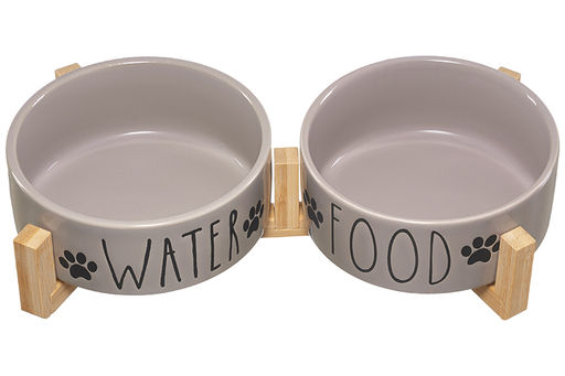 Набор 2 мисок для домашних питомцев 450 мл 28*14,5*6,5 см, с бамбуковой подставкой, серая