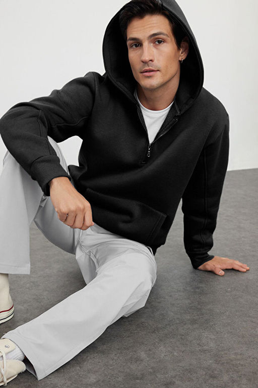 Siyah Oversize/Geni_ Kesim Fermuarl_ Kap__onlu __i Polarl_ Basic Sweatshirt TMNAW25SW00050 - Trendyolmilla фото 2